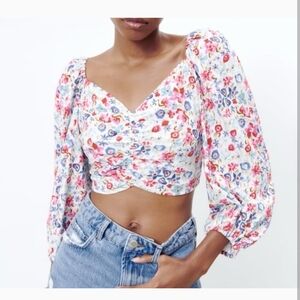 Zara Multicolor Floral Puff Sleeve Crop Top Large Tie Linen Sweetheart